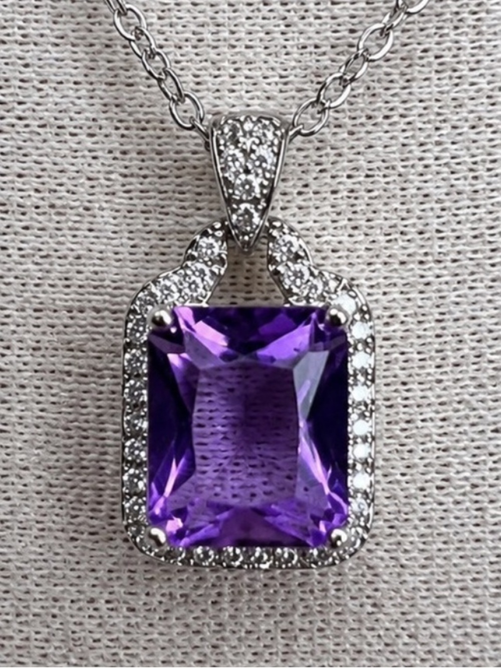 925 Sterling Silver African Amethyst 7KT Emerald Cut Pendant Necklace 💜